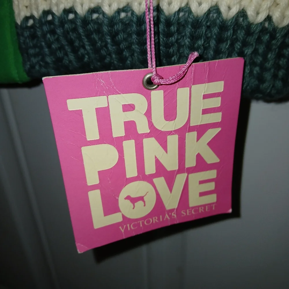 NWT Victorias Secret Pink Vintage Green White Down Paint Puffer Vest Knit M/L - Picture 3 of 4